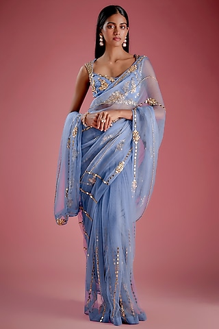 Blue Tulle & Organza Acrylic Embroidered Pre-Stitched Saree Set by Papa Don't Preach by Shubhika