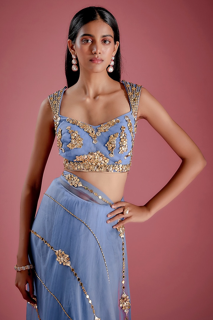 Blue Tulle & Organza Acrylic Embroidered Pre-Stitched Reception Saree Set by Papa Don't Preach by Shubhika at Pernia's Pop Up Shop