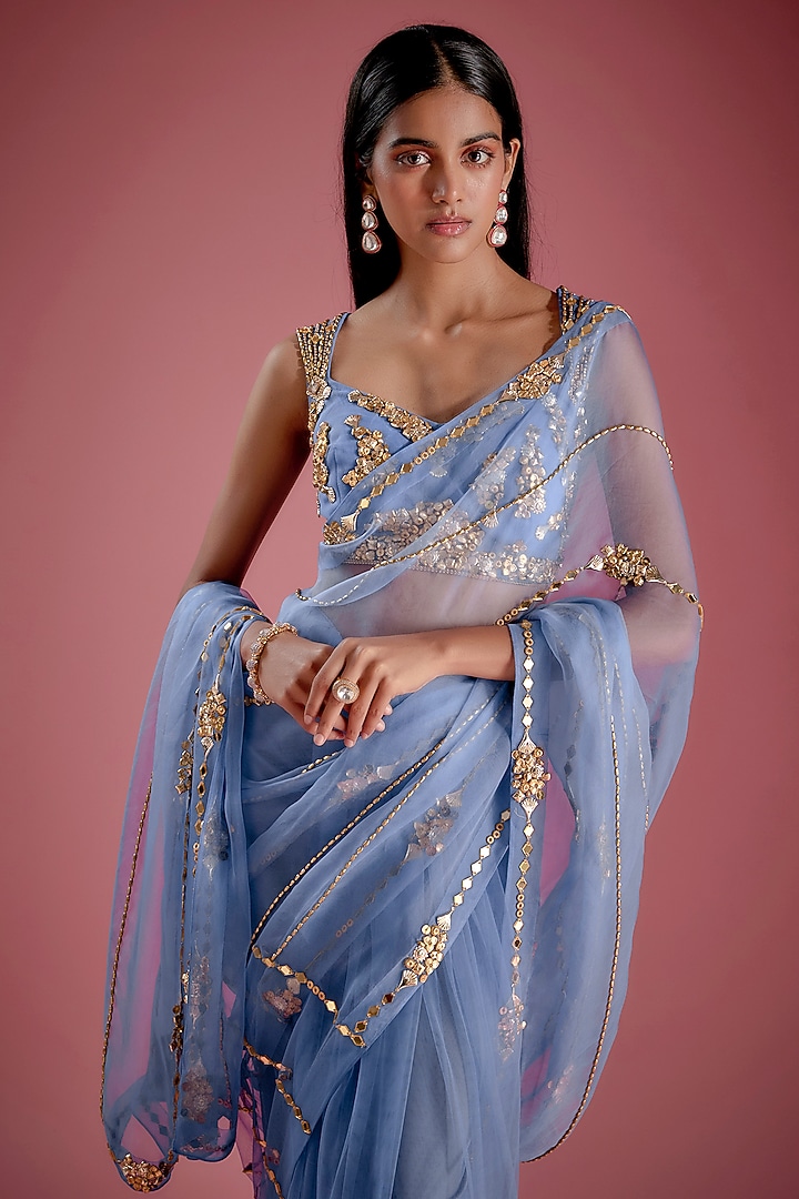 Blue Tulle & Organza Acrylic Embroidered Pre-Stitched Reception Saree Set by Papa Don't Preach by Shubhika at Pernia's Pop Up Shop