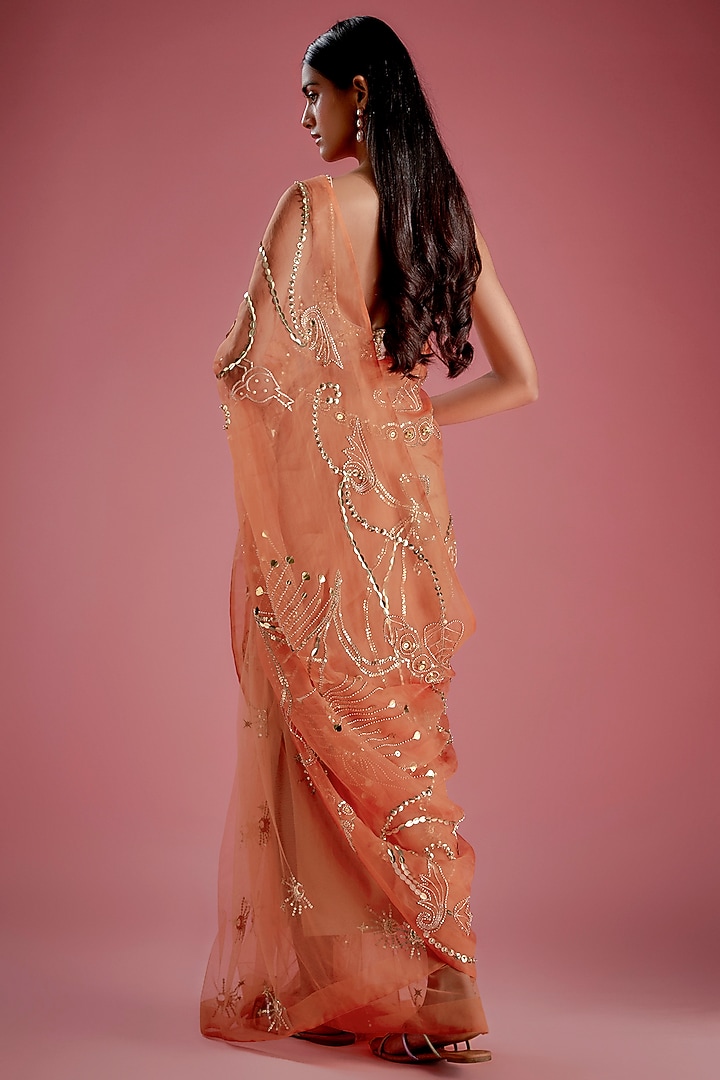 Burnt Orange Tulle & Organza Gold Metallic Embroidered Pre-Stitched Shaded Reception Saree Set by Papa Don't Preach by Shubhika at Pernia's Pop Up Shop