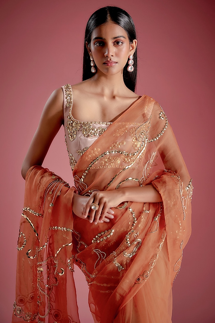 Burnt Orange Tulle & Organza Gold Metallic Embroidered Pre-Stitched Shaded Reception Saree Set by Papa Don't Preach by Shubhika at Pernia's Pop Up Shop