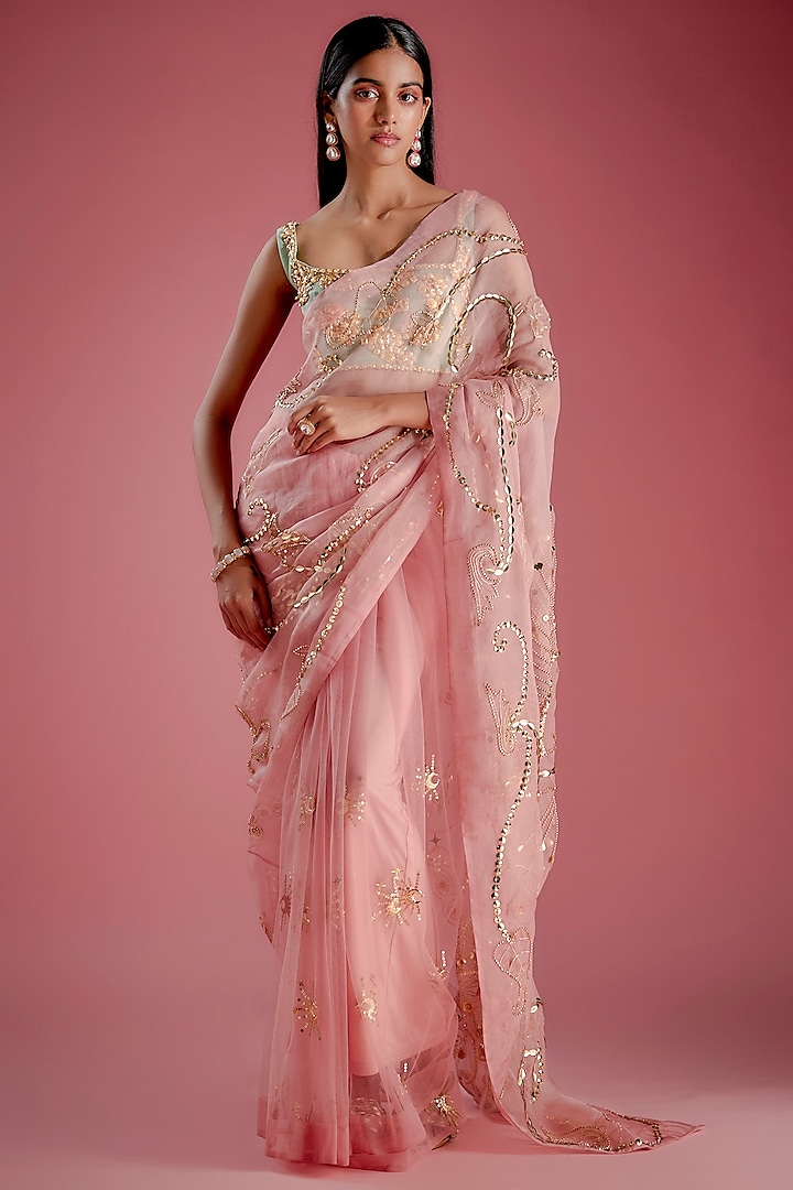 Pink Orange Tulle & Organza Gold Metallic Embroidered Pre-Stitched Shaded Reception Saree Set by Papa Don't Preach by Shubhika at Pernia's Pop Up Shop
