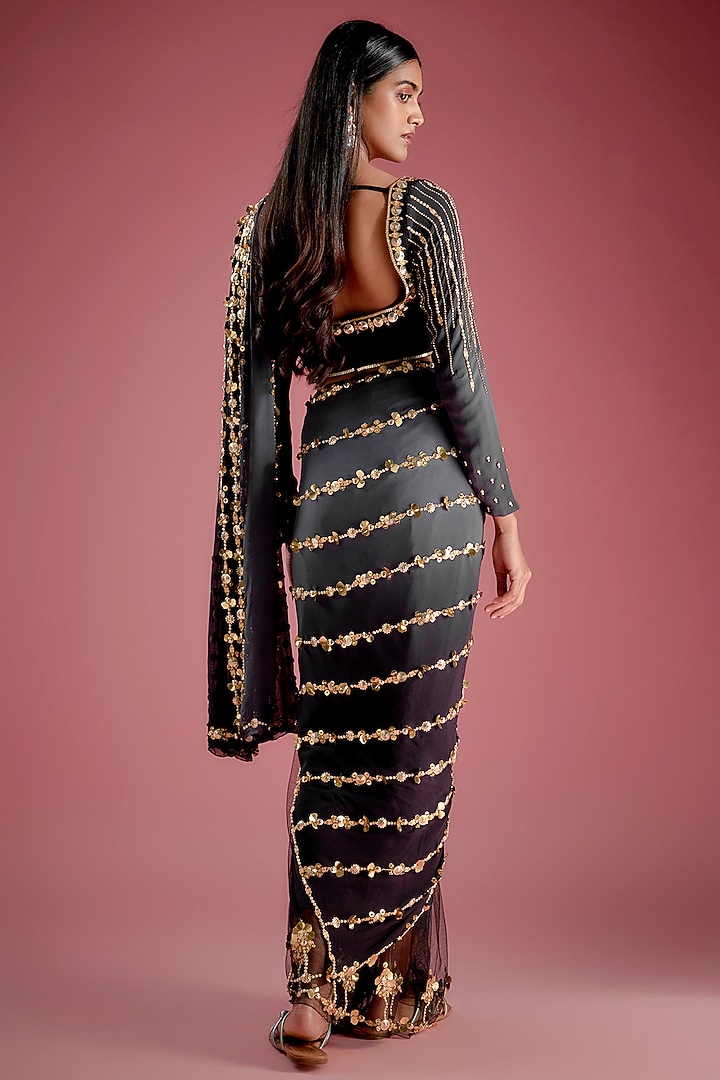 Black-Grey Georgette & Tulle Pearl Embroidered Pre-stitched Shaded Bridal Saree Set by Papa Don't Preach by Shubhika at Pernia's Pop Up Shop