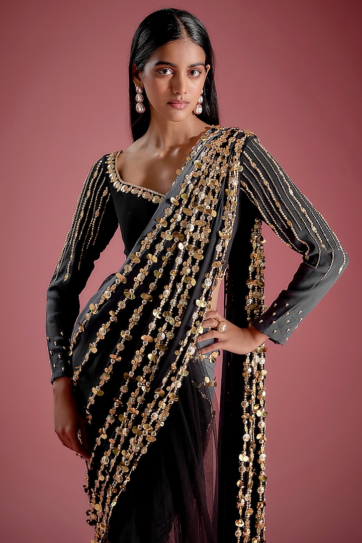 Black-Grey Georgette & Tulle Pearl Embroidered Pre-stitched Shaded Bridal Saree Set by Papa Don't Preach by Shubhika at Pernia's Pop Up Shop