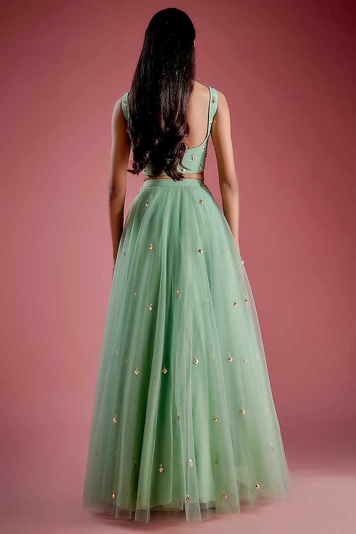 Green Tulle Patchwork Embroidered Bridal Lehenga Set by Papa Don't Preach by Shubhika at Pernia's Pop Up Shop