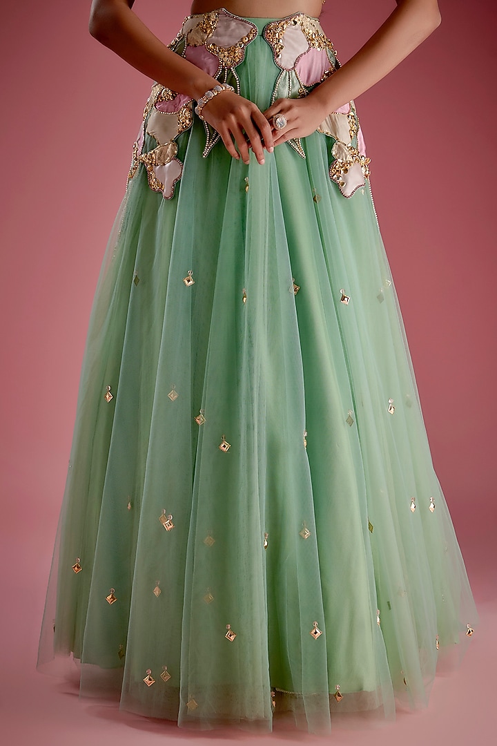 Green Tulle Patchwork Embroidered Bridal Lehenga Set by Papa Don't Preach by Shubhika at Pernia's Pop Up Shop