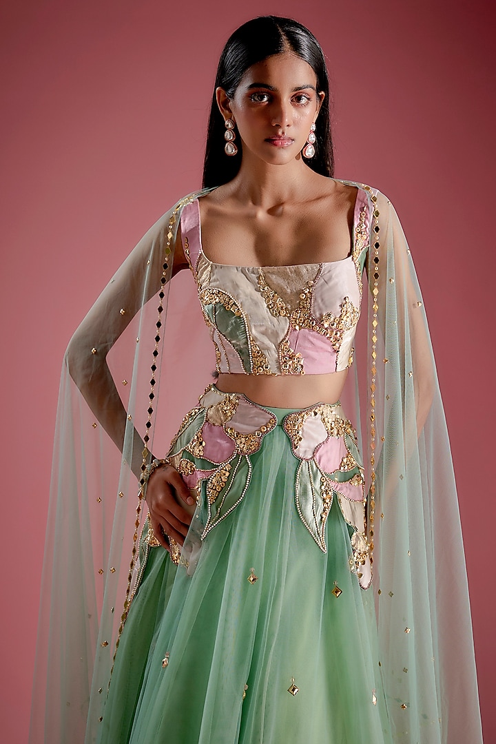 Green Tulle Patchwork Embroidered Bridal Lehenga Set by Papa Don't Preach by Shubhika at Pernia's Pop Up Shop