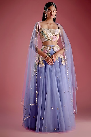 Blue Tulle Patchwork Embroidered Lehenga Set by Papa Don't Preach by Shubhika