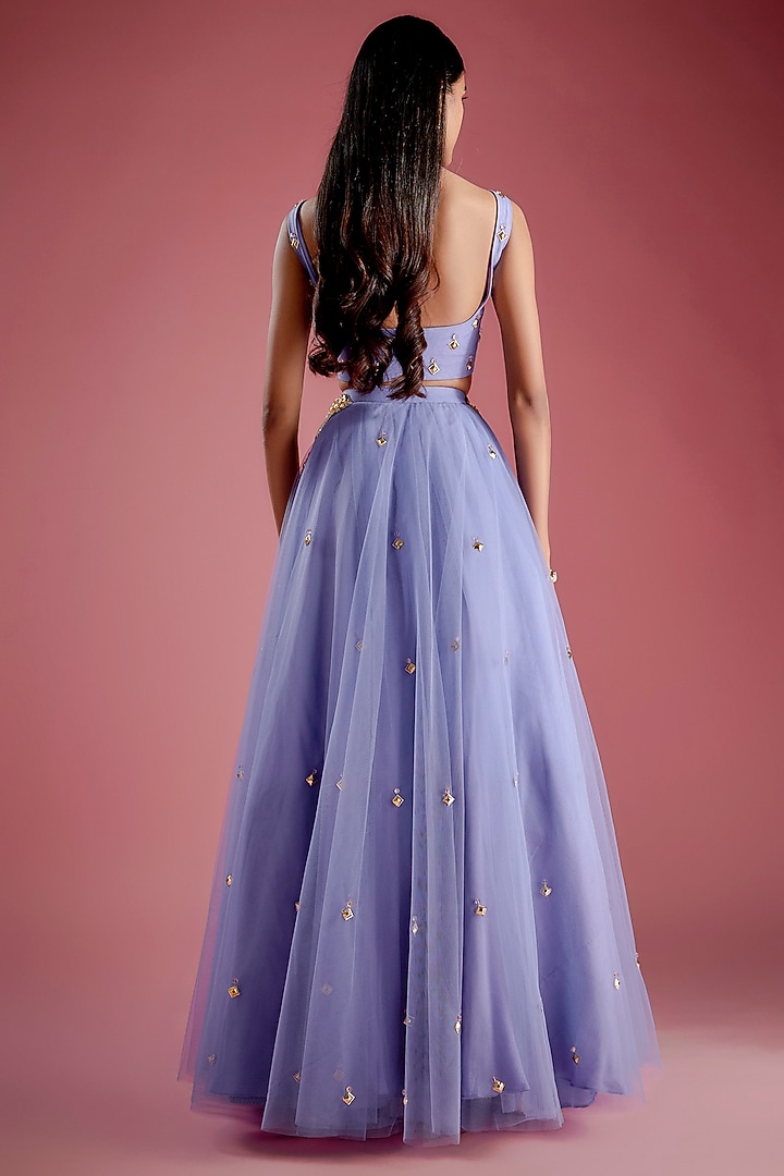 Blue Tulle Patchwork Embroidered Bridal Lehenga Set by Papa Don't Preach by Shubhika at Pernia's Pop Up Shop