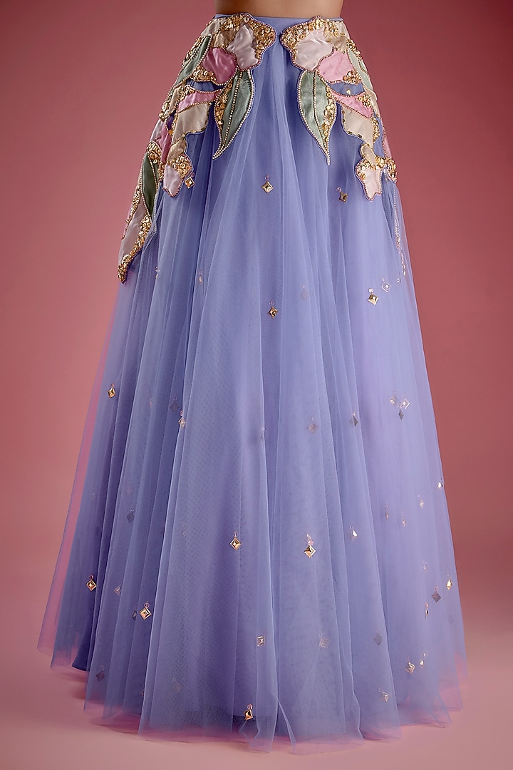 Blue Tulle Patchwork Embroidered Bridal Lehenga Set by Papa Don't Preach by Shubhika at Pernia's Pop Up Shop