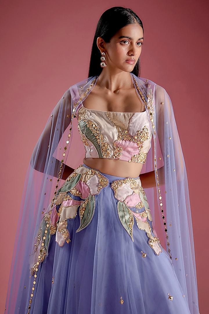 Blue Tulle Patchwork Embroidered Bridal Lehenga Set by Papa Don't Preach by Shubhika at Pernia's Pop Up Shop