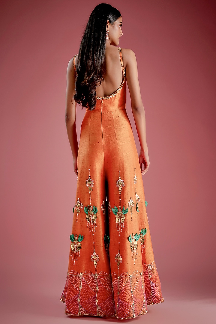 Orange Raw Silk Crystal Embroidered Flared Jumpsuit by Papa Don't Preach by Shubhika at Pernia's Pop Up Shop