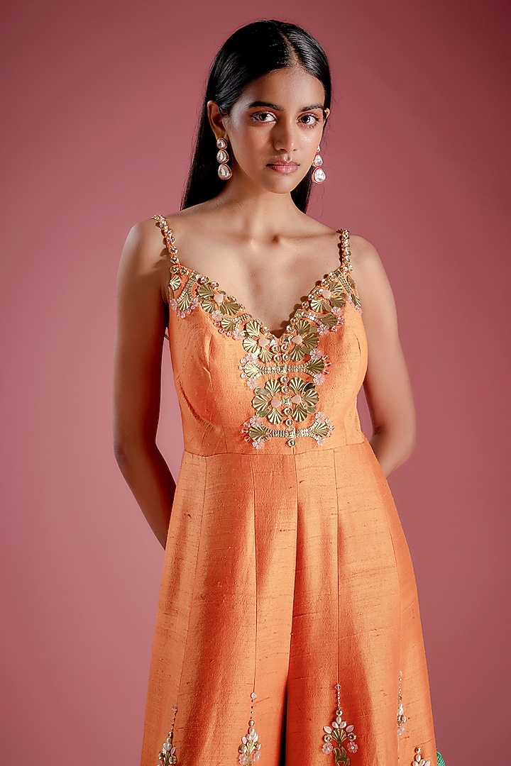 Orange Raw Silk Crystal Embroidered Flared Jumpsuit by Papa Don't Preach by Shubhika at Pernia's Pop Up Shop