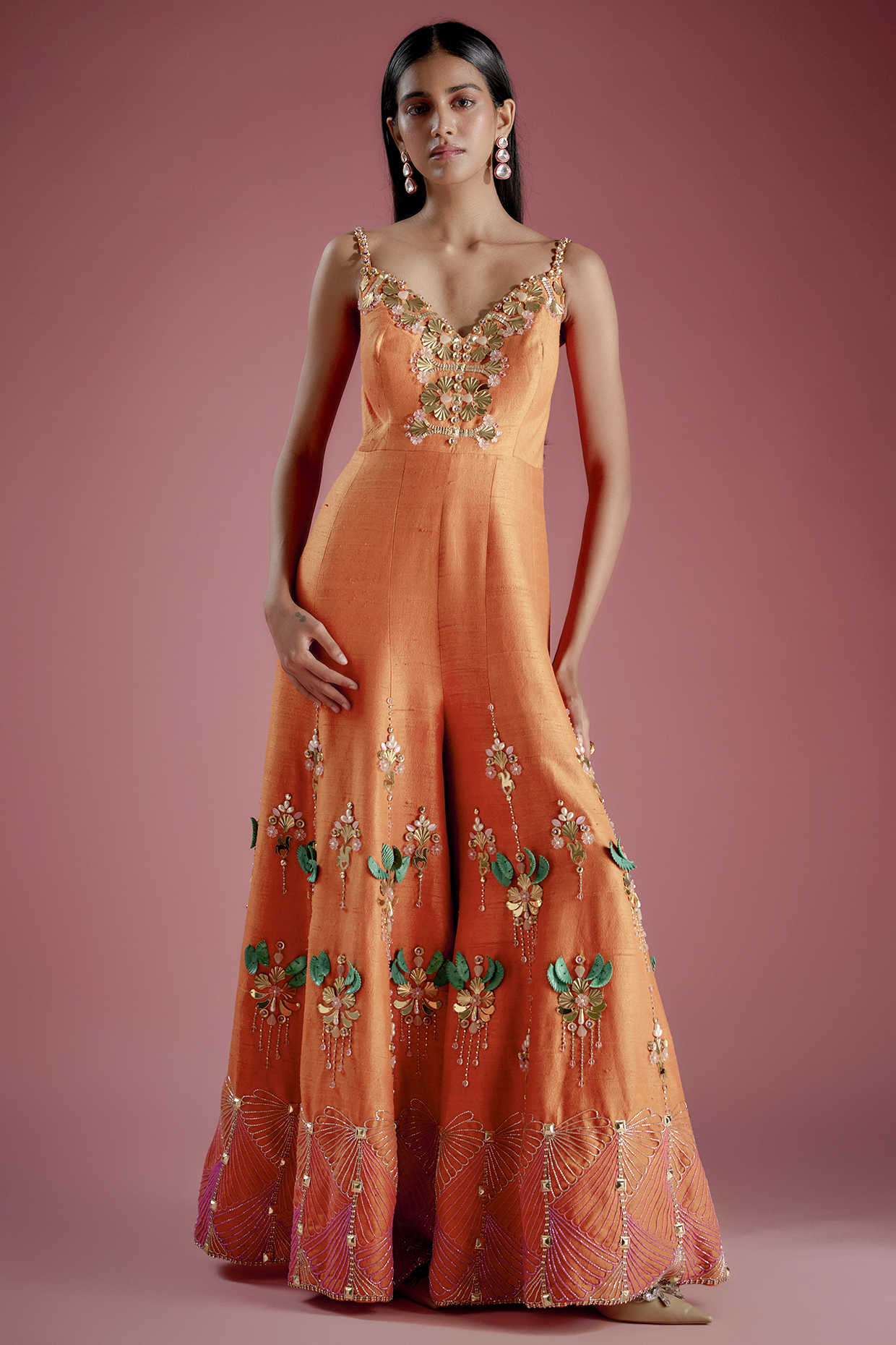 Orange Raw Silk Crystal Embroidered Flared Jumpsuit by Papa Don't Preach by Shubhika at Pernia's Pop Up Shop