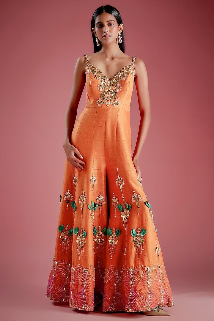 Orange Raw Silk Crystal Embroidered Flared Jumpsuit by Papa Don't Preach by Shubhika at Pernia's Pop Up Shop