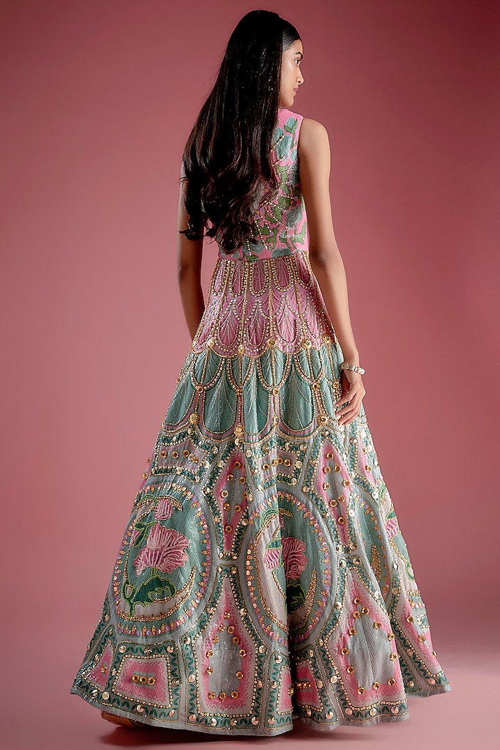 Ice Blue Sequins Printed & Crystal Embroidered Anarkali Bridal Gown With Dupatta by Papa Don't Preach by Shubhika at Pernia's Pop Up Shop