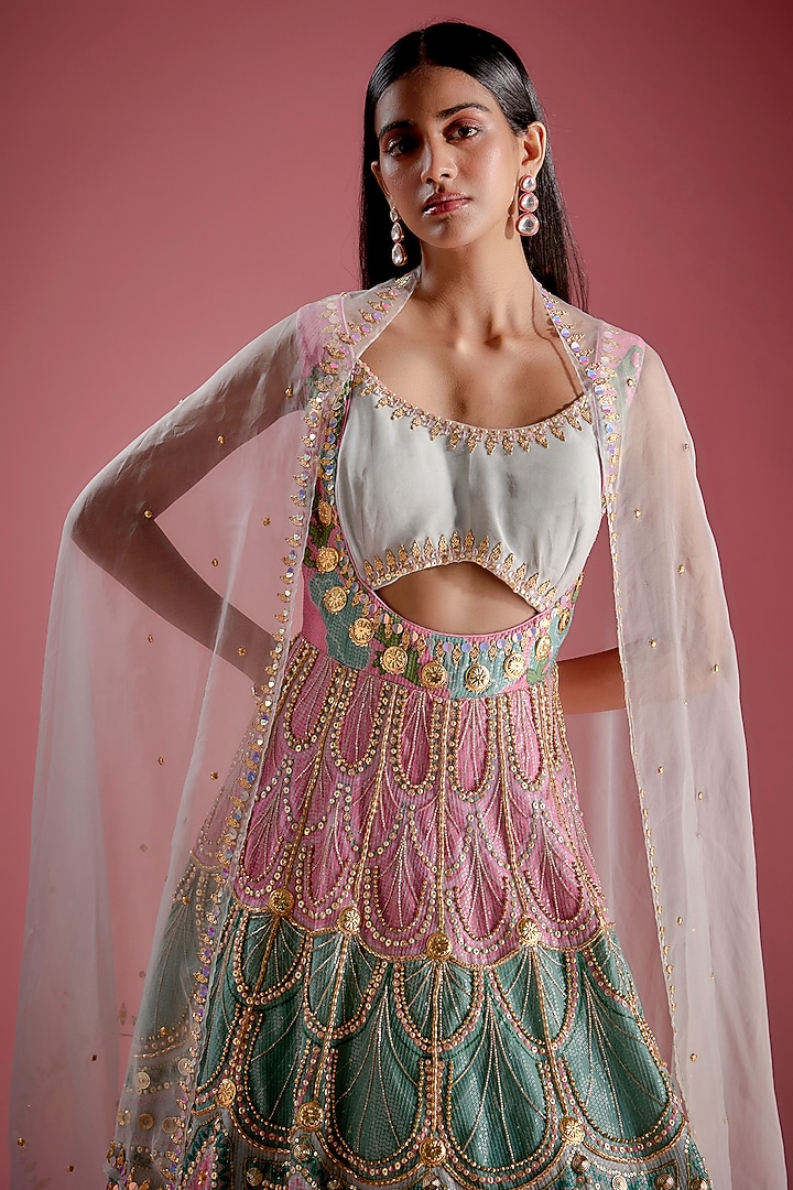 Ice Blue Sequins Printed & Crystal Embroidered Anarkali Bridal Gown With Dupatta by Papa Don't Preach by Shubhika at Pernia's Pop Up Shop