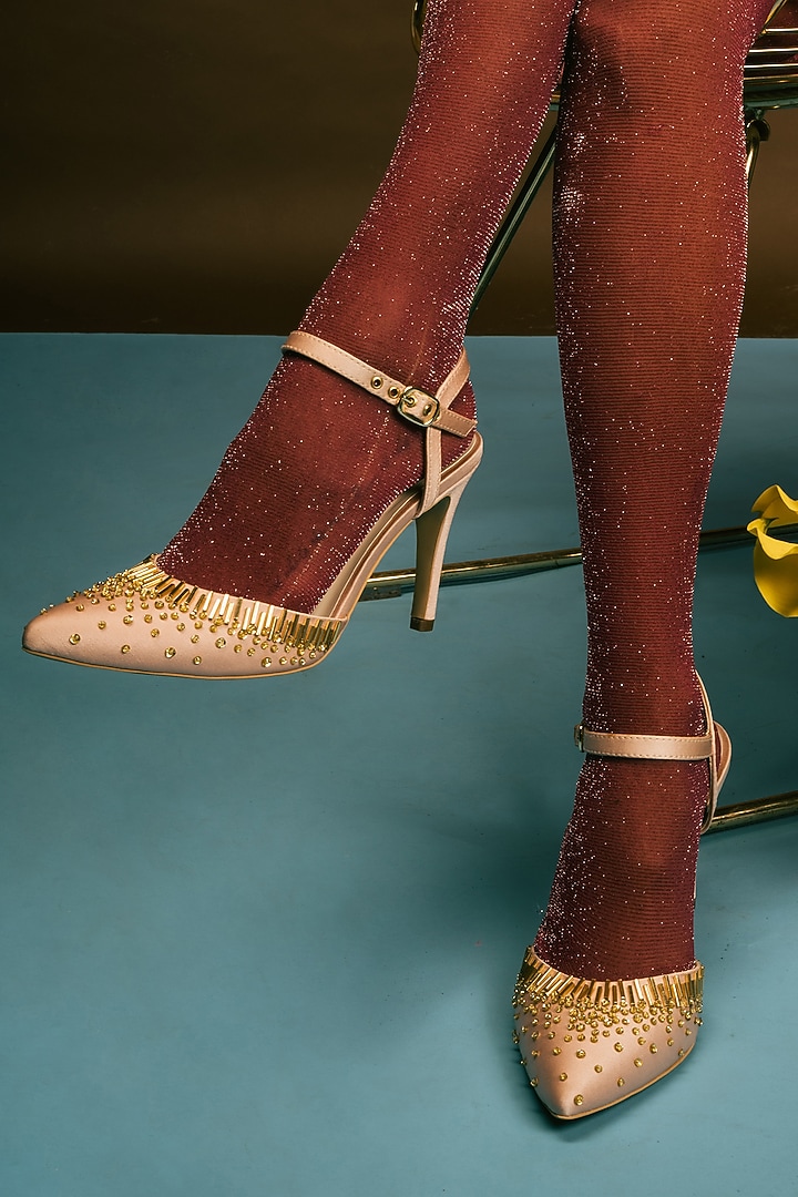Light Rose Satin Embroidered Stiletto Shoes by Papa don't preach by Shubhika Accessories at Pernia's Pop Up Shop