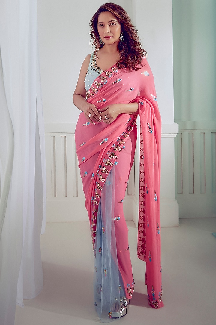 Pink & Blue Pre-Stitched Embellished Saree Set by Papa Don't Preach by Shubhika