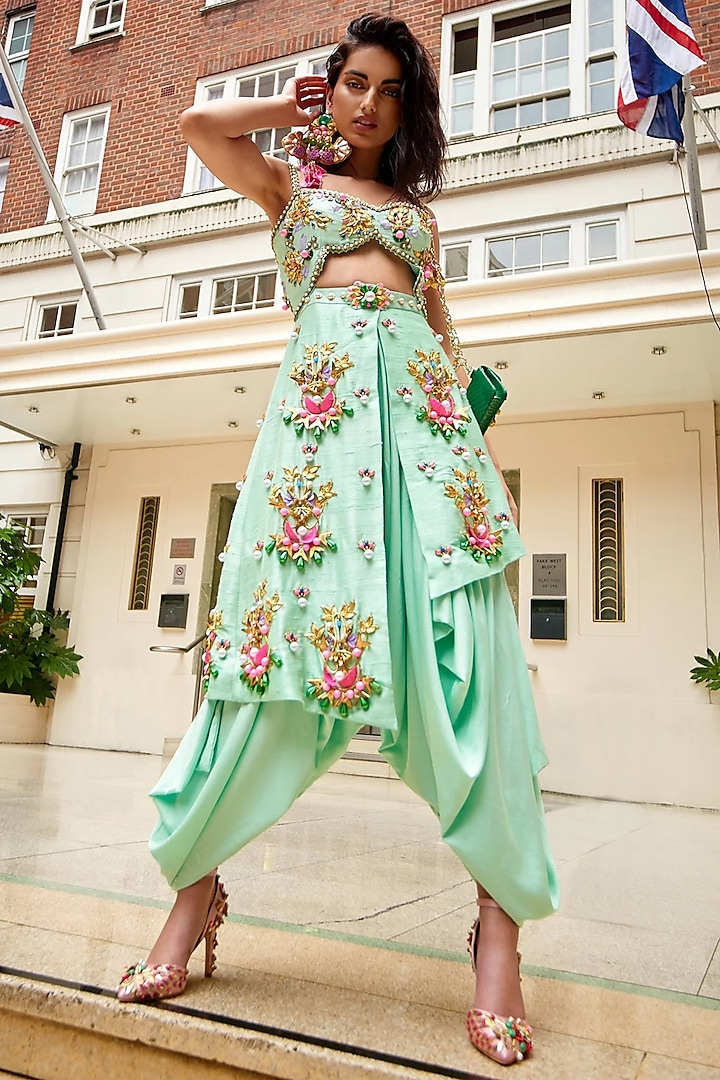 Mint Green Embellished Dhoti Jumpsuit With Cut-Outs by Papa Don't Preach by Shubhika