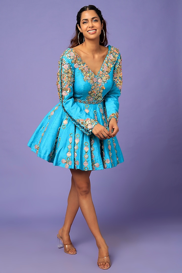 Blue Embellished Mini Dress With Belt by Papa Don't Preach by Shubhika