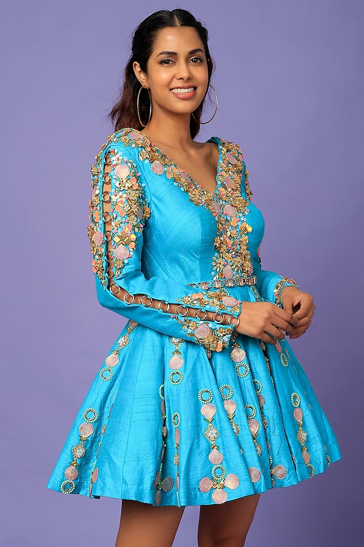 Blue Embellished Mini Party Wear Dress With Belt by Papa Don't Preach by Shubhika at Pernia's Pop Up Shop