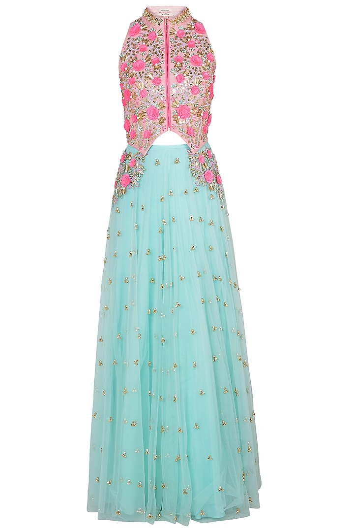 Mint green embroidered lehenga skirt and jacket blouse by PAPA DON'T PREACH BY SHUBHIKA