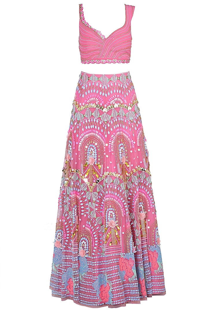 Coral pink embroidered lehenga set by PAPA DON'T PREACH BY SHUBHIKA