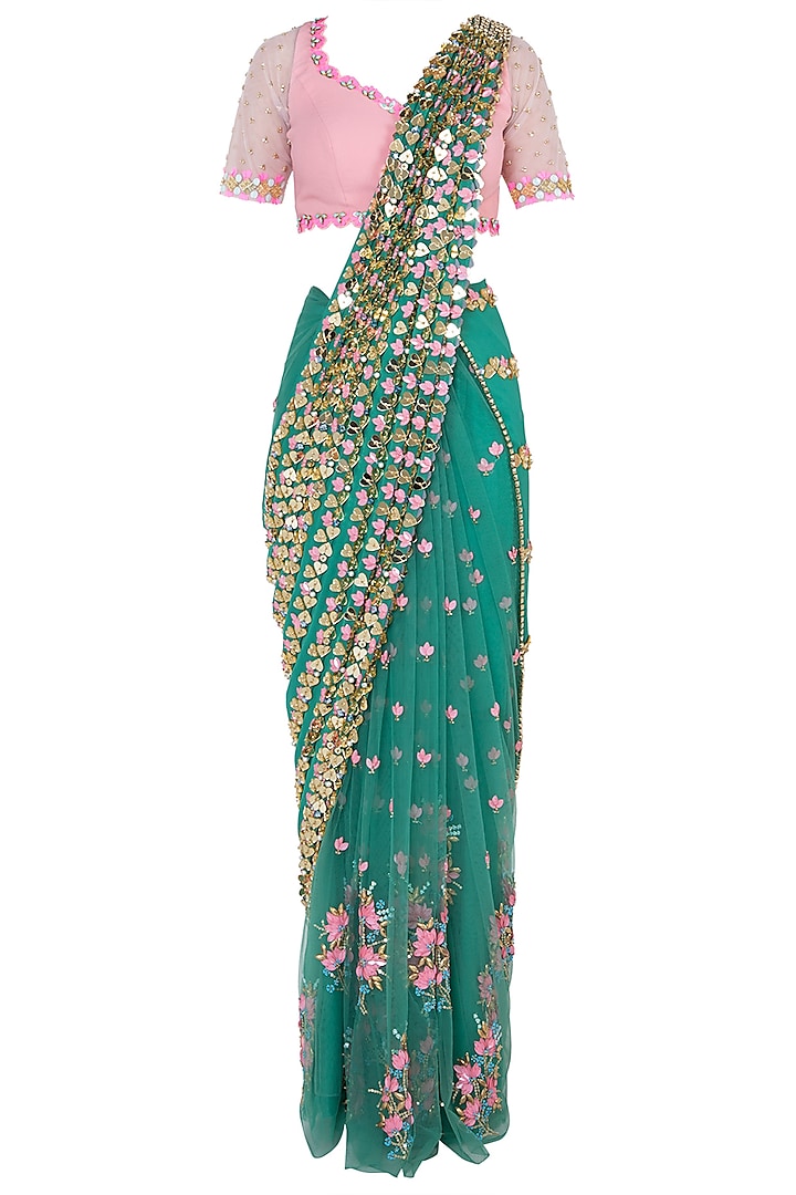 Forest green embroidered pre-stitched saree set by PAPA DON'T PREACH BY SHUBHIKA