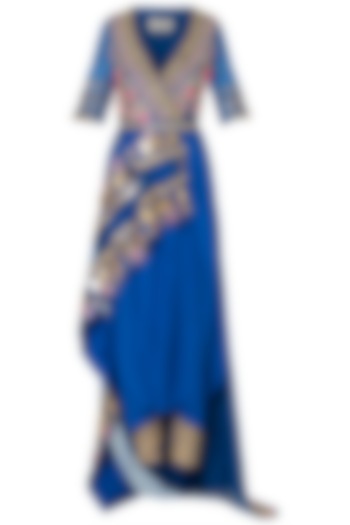 Blue Embroidered Half Peplum Jacket with Dhoti Pants and Belt by Papa Don't Preach by Shubhika