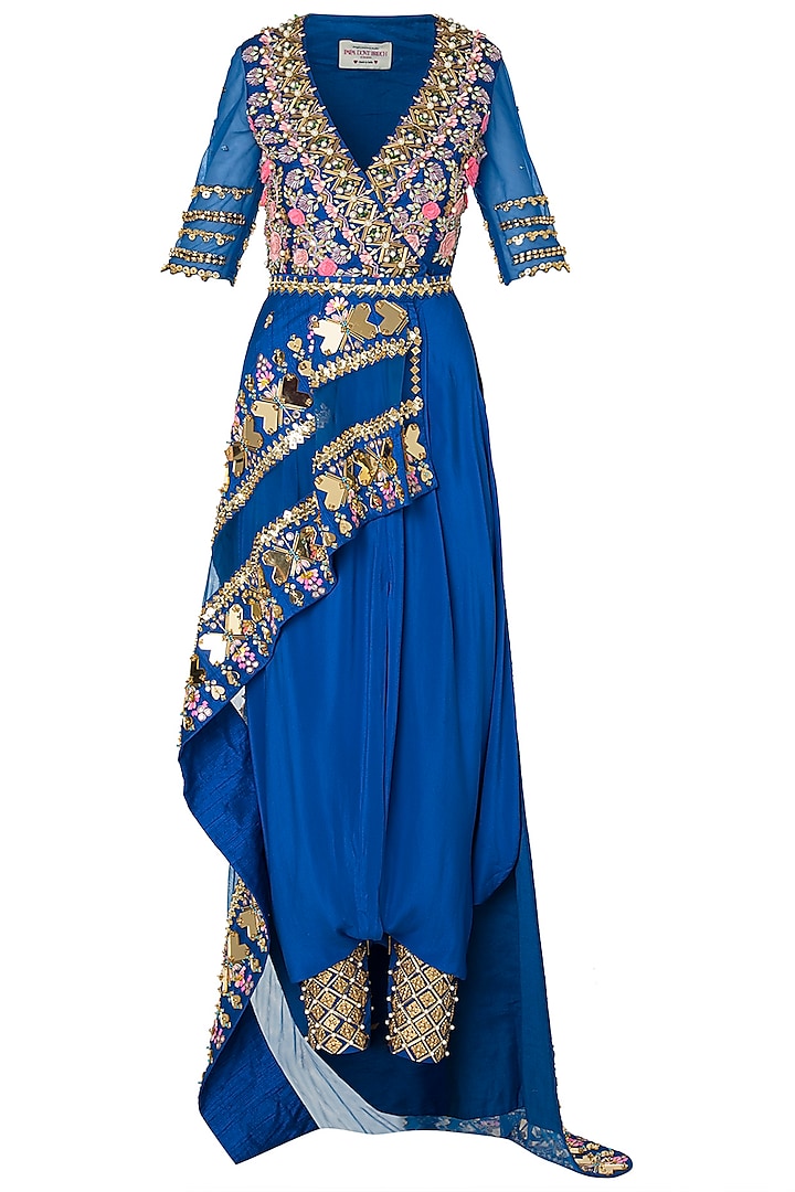 Blue Embroidered Half Peplum Jacket with Dhoti Pants and Belt by Papa Don't Preach by Shubhika