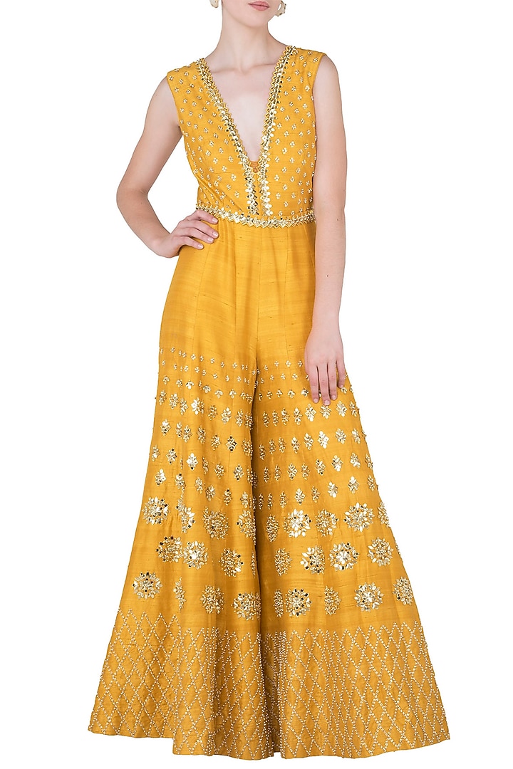 Mustard yellow embroidered jumpsuit available only at Pernia's Pop Up Shop.