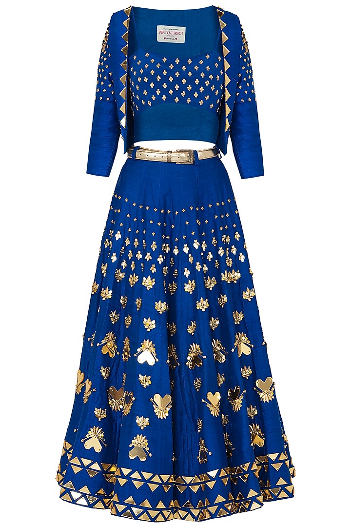 Blue Embroidered Short Lehenga with Bralette and Jacket by Papa Don't Preach by Shubhika