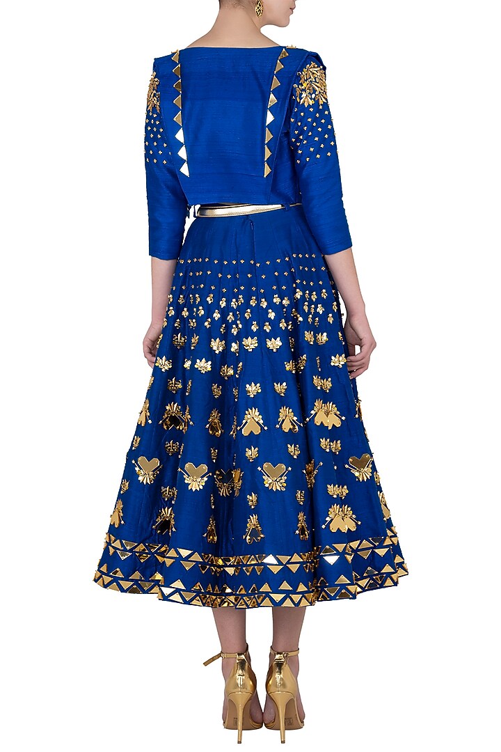 Blue embroidered short lehenga with bralette and jacket available only at Pernia's Pop Up Shop.