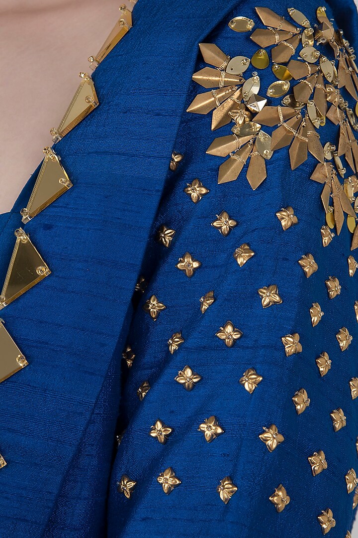 Blue embroidered short lehenga with bralette and jacket available only at Pernia's Pop Up Shop.