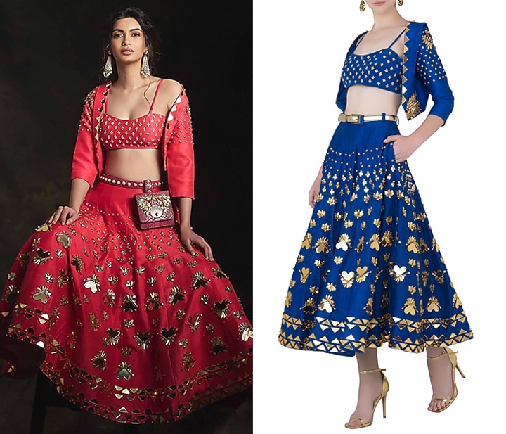 Blue embroidered short lehenga with bralette and jacket available only at Pernia's Pop Up Shop.