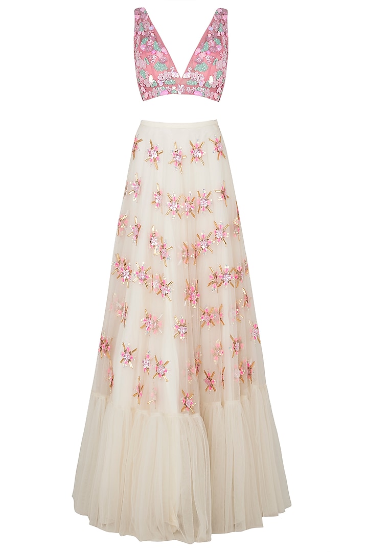 Blush and White Embroidered Lehenga Set by Papa Don't Preach by Shubhika