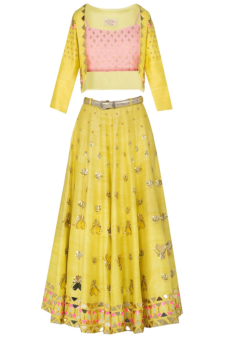 Yellow Embroidered Short Lehenga with Jacket and Peach Bralette by Papa Don't Preach by Shubhika