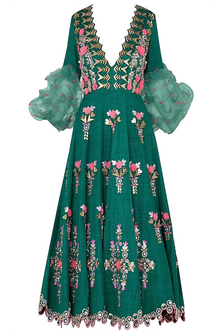 Bottle green embroidered midi dress available only at Pernia's Pop Up Shop.