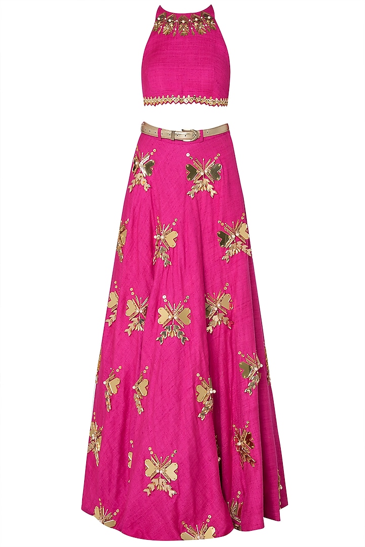 Hot Pink Embroidered Crop Top with Lehenga Skirt by Papa Don't Preach by Shubhika