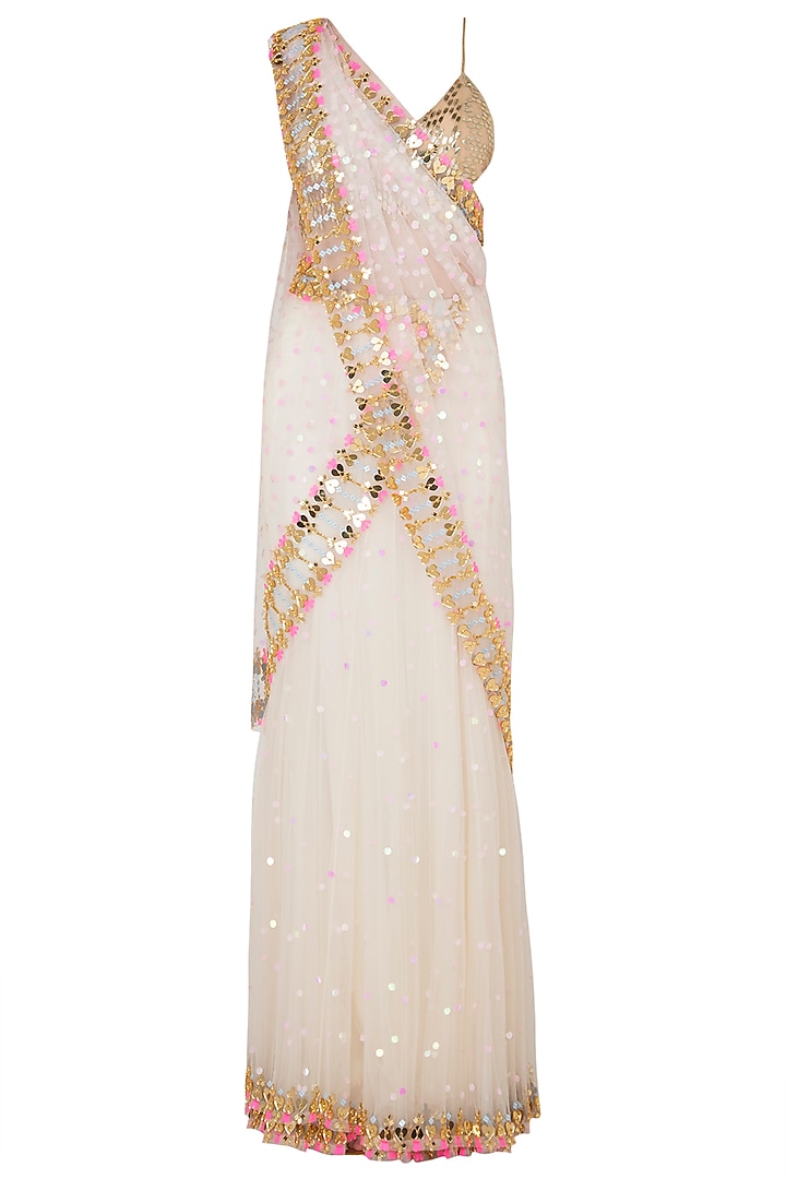 Ivory Tulle Stitched Saree and Golden Bralette by Papa Don't Preach by Shubhika