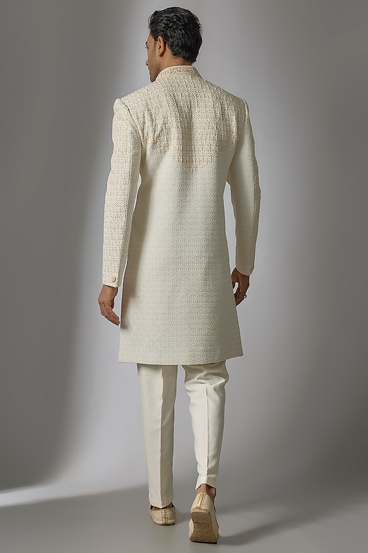 Cream Double Georgette Moti Embroidered Groom Sherwani Set by PARV DESIGN STUDIO at Pernia's Pop Up Shop