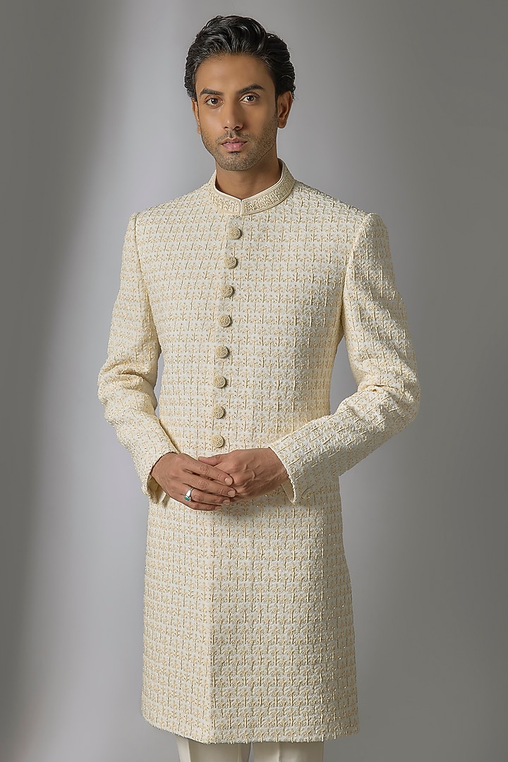 Cream Double Georgette Moti Embroidered Groom Sherwani Set by PARV DESIGN STUDIO at Pernia's Pop Up Shop