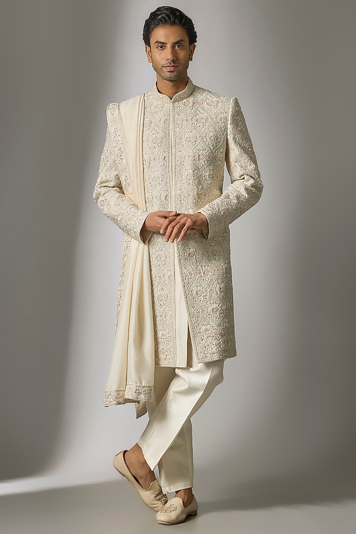 Cream Chanderi Silk Resham Embroidered Wedding Sherwani Set by PARV DESIGN STUDIO at Pernia's Pop Up Shop