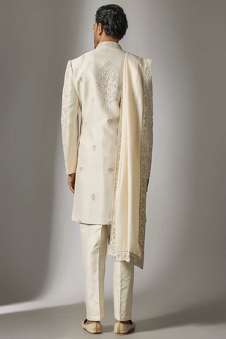 Cream Chanderi Silk Resham Embroidered Wedding Sherwani Set by PARV DESIGN STUDIO at Pernia's Pop Up Shop