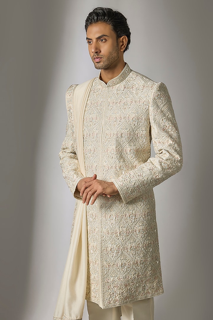 Cream Chanderi Silk Resham Embroidered Wedding Sherwani Set by PARV DESIGN STUDIO at Pernia's Pop Up Shop