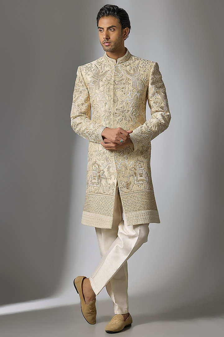 Gold Chanderi Silk Cutdana Embroidered Groom Sherwani Set by PARV DESIGN STUDIO at Pernia's Pop Up Shop