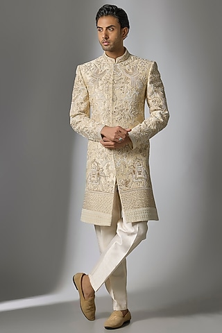 Gold Chanderi Silk Cutdana Embroidered Sherwani Set by PARV DESIGN STUDIO