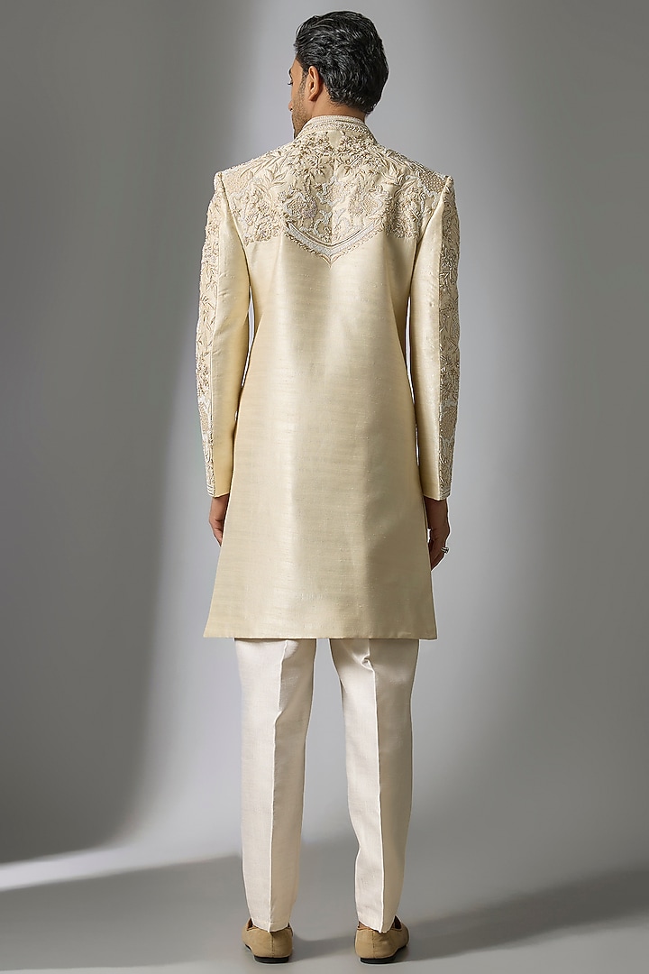 Gold Chanderi Silk Cutdana Embroidered Groom Sherwani Set by PARV DESIGN STUDIO at Pernia's Pop Up Shop