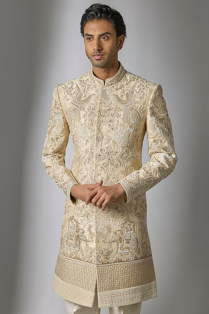 Gold Chanderi Silk Cutdana Embroidered Groom Sherwani Set by PARV DESIGN STUDIO at Pernia's Pop Up Shop